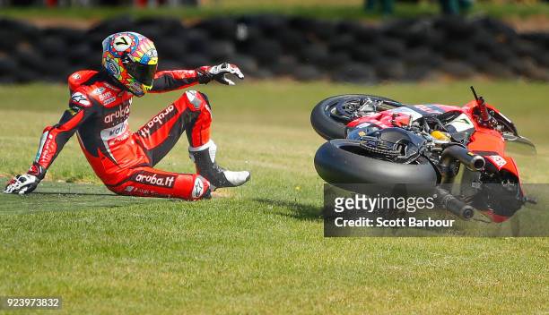 Chaz Davies of Great Britain and Aruba.it Racing - Ducati crashes out on turn 10 during race 2 in the FIM Superbike World Championship during the...