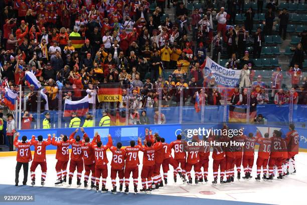 Gold medal winners Olympic Athletes from Russia acknowledge the crowd after defeating Germany 4-3 in overtime during the Men's Gold Medal Game on day...