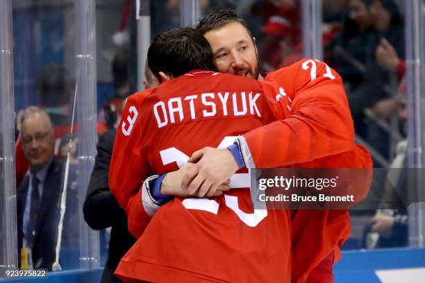 Gold medal winners Pavel Datsyuk and Ilya Kovalchuk of Olympic Athlete from Russia celebrates after defeating Germany 4-3 in overtime during the...