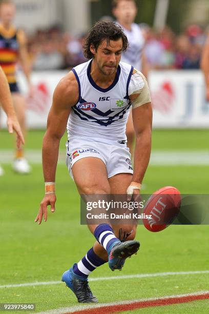 Brady Grey of the Dockers kicks the ball during the JLT Community Series AFL match between the Adelaide Crows and the Fremantle Dockers at...