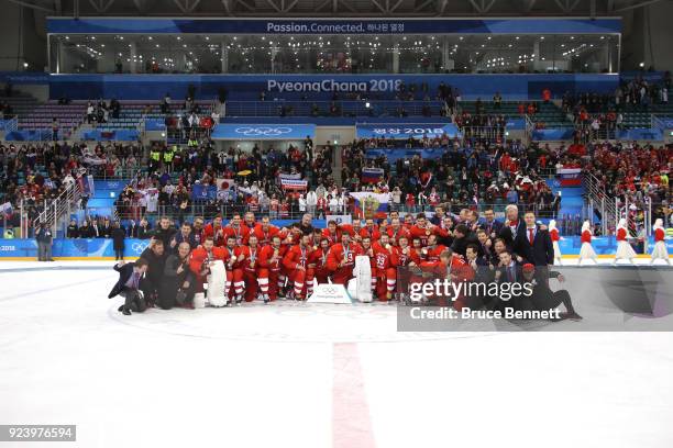 Gold medal winners Olympic Athletes from Russia celebrate during the medal ceremony after defeating Germany 4-3 in overtime during the Men's Gold...