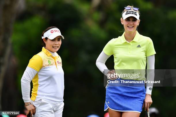 Jessica Korda of United States and Moriya Jutanugarn of Thailand smiles during the Honda LPGA Thailand at Siam Country Club on February 25, 2018 in...