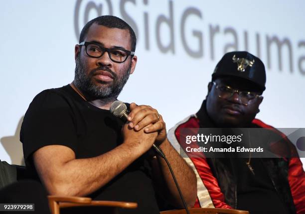 Writer and director Jordan Peele and comedian LilRel Howery attend the Aero Theatre's special screening and Q&A of "Get Out" at the Aero Theatre on...