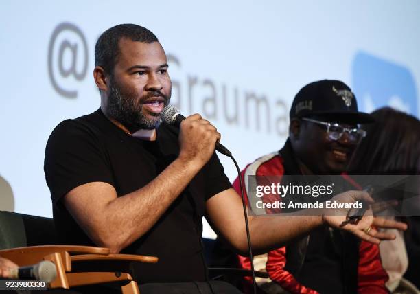 Writer and director Jordan Peele and comedian LilRel Howery attend the Aero Theatre's special screening and Q&A of "Get Out" at the Aero Theatre on...