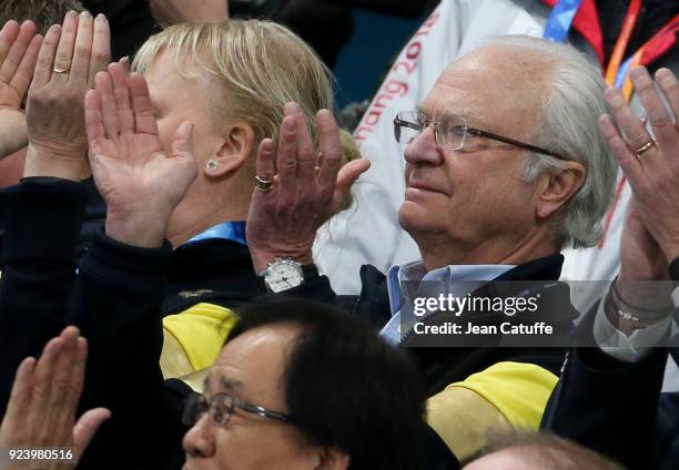 King Carl XVI Gustaf of Sweden celebrates the gold medal of Sweden following the Curling Women's Gold Medal Game between Sweden and South Korea on...