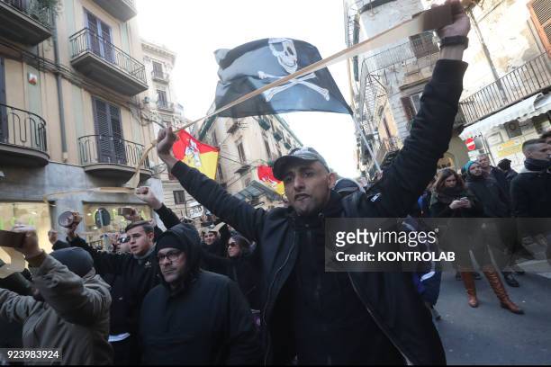 The protesters with adhesive tape in hands during the anti-fascist march in Palermo organized by the ANPI, the left forces and the social centers....