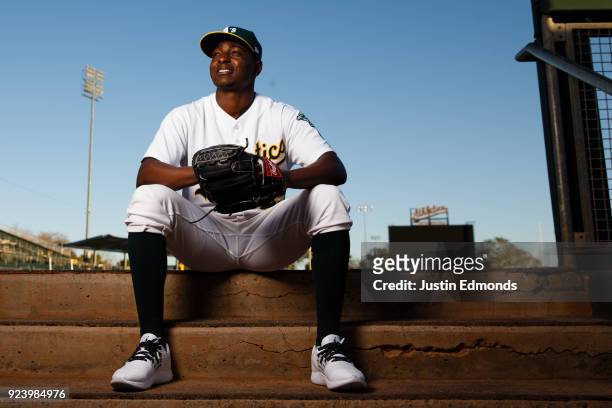 Jharel Cotton of the Oakland Athletics poses for a portrait during photo day at HoHoKam Stadium on February 22, 2018 in Mesa, Arizona.