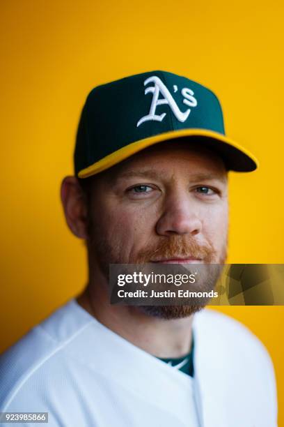 Brandon Moss of the Oakland Athletics poses for a portrait during photo day at HoHoKam Stadium on February 22, 2018 in Mesa, Arizona.