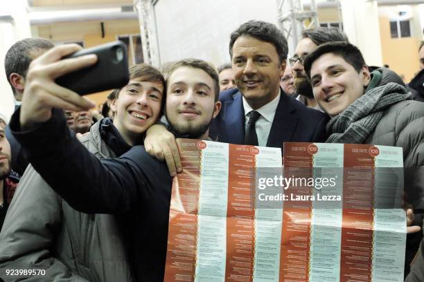 The Italian politician and leader of the Democratic Party Matteo Renzi poses for a selfie photographs with his young supporters and the Democratic...