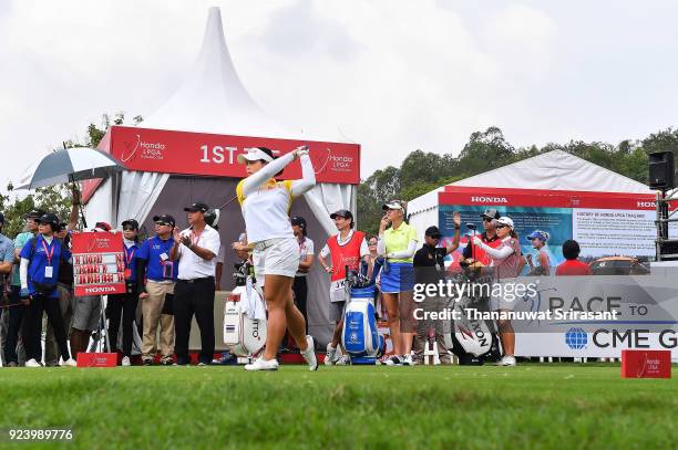 Moriya Jutanugarn of Thailand tees off at 1st hole during the Honda LPGA Thailand at Siam Country Club on February 25, 2018 in Chonburi, Thailand.