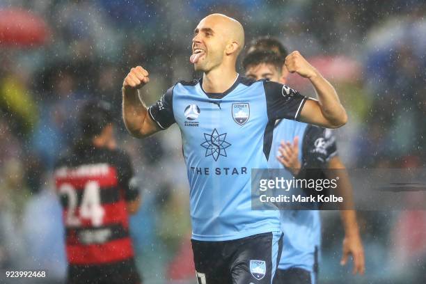 Adrian Mierzejewski of Sydney FC celebrates scoring a goal during the round 21 A-League match between Sydney FC and the Western Sydney Wanderers at...