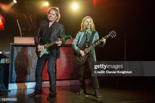 Musicians James "JY" Young and Tommy Shaw of Styx perform on stage at Pala Casino Resort and Spa on February 24, 2018 in Pala, California.