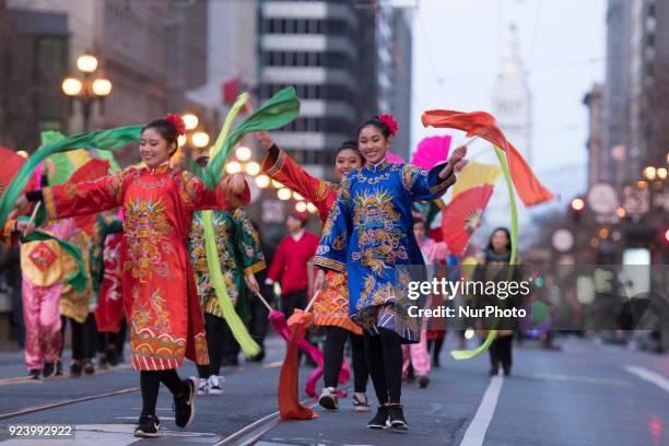 Traditional Chinese dance performance on Market Street during Chinese New Year Parade 2018 on February 24 in San Francisco, California, USA.