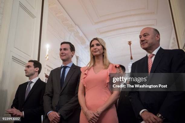 White House senior adviser Jared Kushner, left, Ivanka Trump, center, and White House chief economic adviser Gary Cohn arrive for the "American...