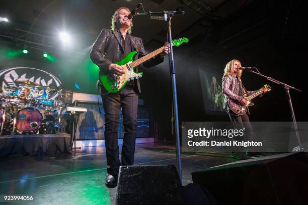 Musicians James "JY" Young and Tommy Shaw of Styx perform on stage at Pala Casino Resort and Spa on February 24, 2018 in Pala, California.