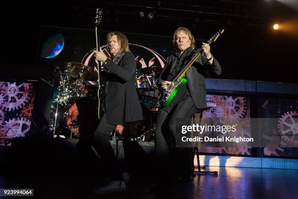 Musicians Ricky Phillips and James "JY" Young of Styx perform on stage at Pala Casino Resort and Spa on February 24, 2018 in Pala, California.