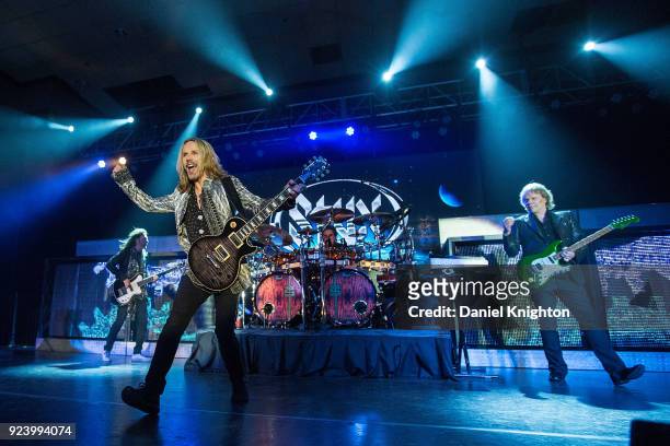 Musicians Ricky Phillips, Tommy Shaw, Todd Sucherman, and James "JY" Young of Styx perform on stage at Pala Casino Resort and Spa on February 24,...