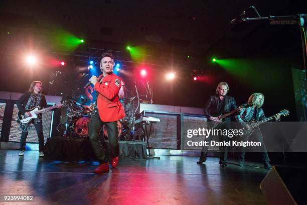 Musicians Ricky Phillips, Lawrence Gowan, James "JY" Young, and Tommy Shaw of Styx perform on stage at Pala Casino Resort and Spa on February 24,...