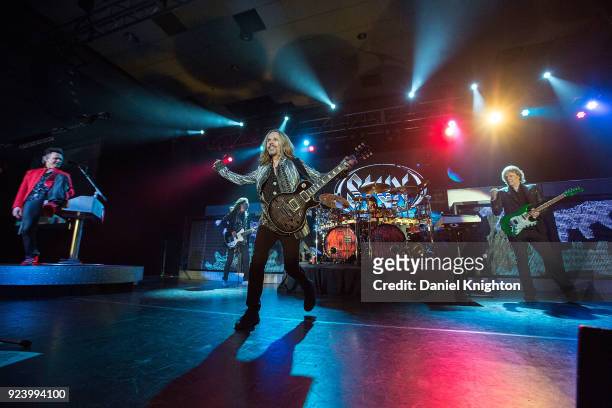 Musicians Lawrence Gowan, Ricky Phillips, Tommy Shaw, Todd Sucherman, and James "JY" Young of Styx perform on stage at Pala Casino Resort and Spa on...