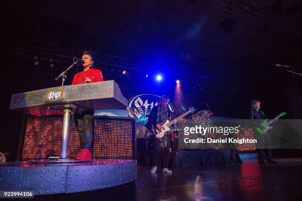 Musicians Lawrence Gowan, Ricky Phillips, and James "JY" Young of Styx perform on stage at Pala Casino Resort and Spa on February 24, 2018 in Pala,...