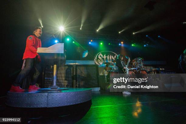 Musicians Lawrence Gowan and Ricky Phillips of Styx perform on stage at Pala Casino Resort and Spa on February 24, 2018 in Pala, California.