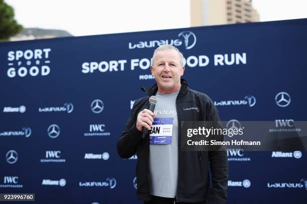 Laureus Academy Chairman Sean Fitzpatrick speaks before the Laureus Sport for Good Run prior to the 2018 Laureus World Sports Awards - Monaco on...