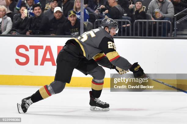 Stefan Matteau of the Vegas Golden Knights skates to the puck against the Vancouver Canucks during the game at T-Mobile Arena on February 23, 2018 in...