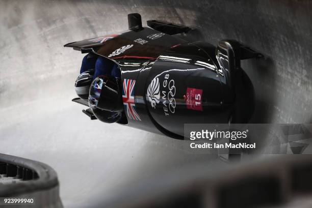 The Great Britain Bobsleigh driven by Lamin Deen is seen during their final run in the Men's 4- Man Bobsleigh at the Olympic Sliding Centre on...