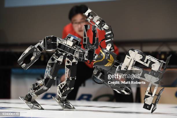 Robots fight during the 32nd ROBO-ONE tournament on February 25, 2018 in Tokyo, Japan. According to the organizer, the ROBO-ONE, held by the Biped...
