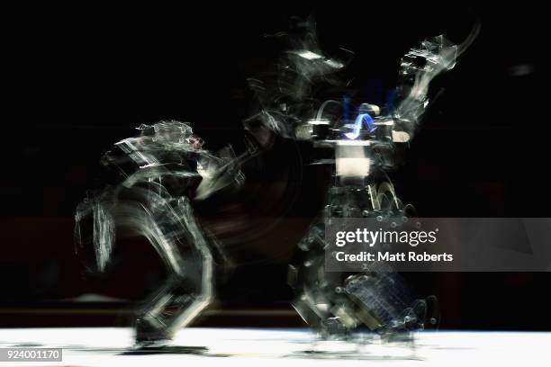 Robots fight during the 32nd ROBO-ONE tournament on February 25, 2018 in Tokyo, Japan. According to the organizer, the ROBO-ONE, held by the Biped...