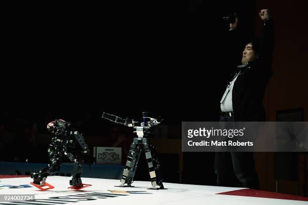 Robots fight during the 32nd ROBO-ONE tournament on February 25, 2018 in Tokyo, Japan. According to the organizer, the ROBO-ONE, held by the Biped...