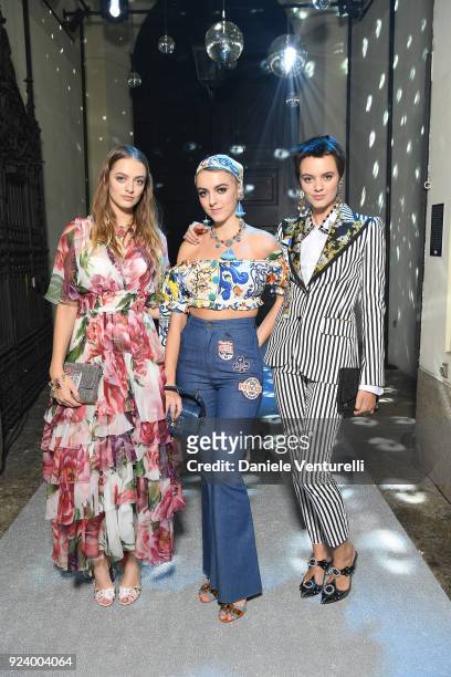 Idina Moncreiffe, Lily Moncreiffe and Alexandra Moncreiffe attend the Dolce & Gabbana Secret & Diamond show during Milan Fashion Week Fall/Winter...