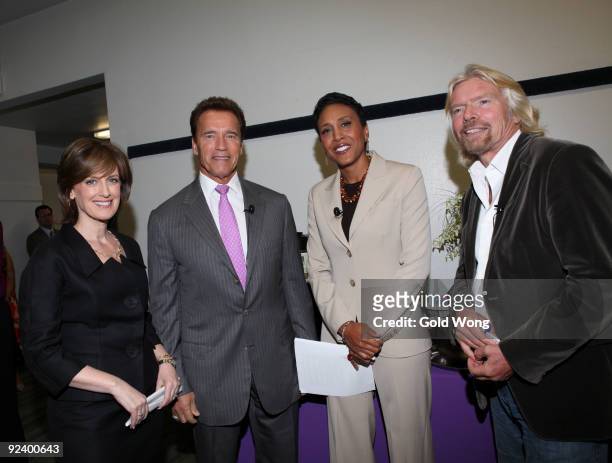 Anne Sweeney, Governor of California Arnold Schwarzenegger, Robin Roberts and Sir Richard Branson backstage at The 2009 Women's Conference at Long...