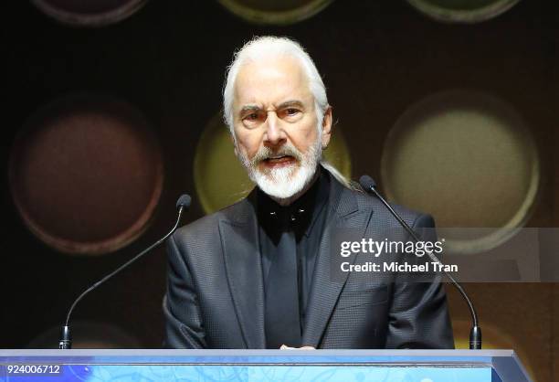 Rick Baker speaks onstage during the 2018 Make-Up Artists and Hair Stylists Guild Awards held at The Novo by Microsoft on February 24, 2018 in Los...