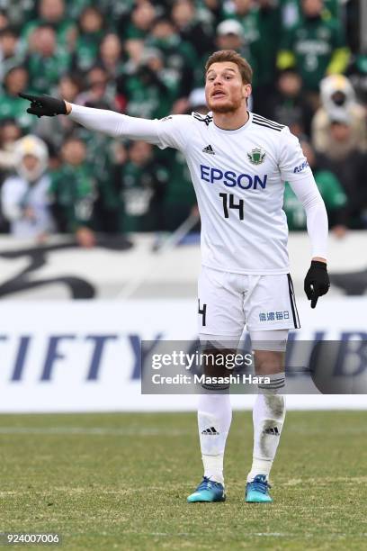 Paulinho of Matsumoto Yamaga looks on during the J.League J2 match between Yokohama FC and Matsumoto Yamaga at Nippatsu Mitsuzawa Stadium on February...