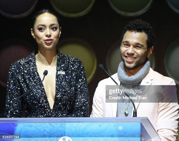 Amber Stevens West and Corbin Bleu speak onstage during the 2018 Make-Up Artists and Hair Stylists Guild Awards held at The Novo by Microsoft on...