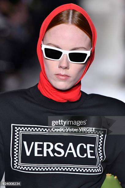 Model walks the runway at the Versace Ready to Wear Fall/Winter 2018-2019 fashion show during Milan Fashion Week Fall/Winter 2018/19 on February 23,...