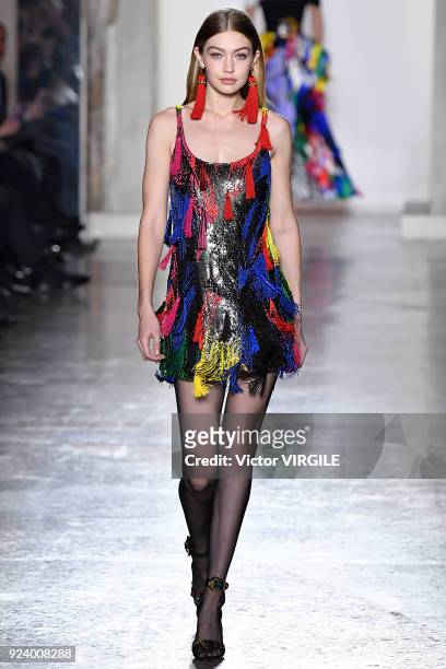 Gigi Hadid walks the runway at the Versace Ready to Wear Fall/Winter 2018-2019 fashion show during Milan Fashion Week Fall/Winter 2018/19 on February...