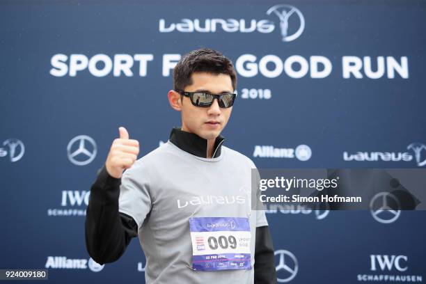 Thumbs up froma runner after the Laureus Sport for Good Run prior to the 2018 Laureus World Sports Awards - Monaco on February 25, 2018 in Monaco,...