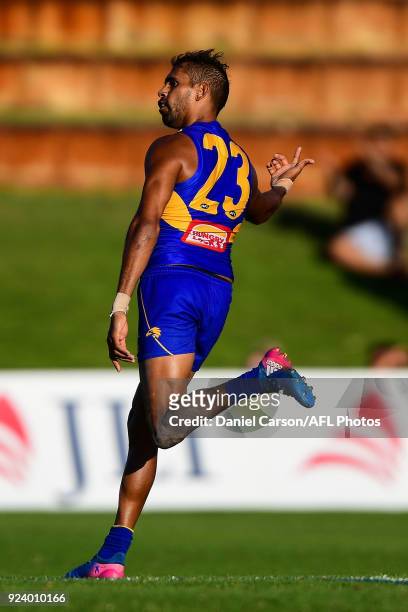 Lewis Jetta of the Eagles celebrates a goal during the AFL 2018 JLT Community Series match between the West Coast Eagles and the Port Adelaide Power...