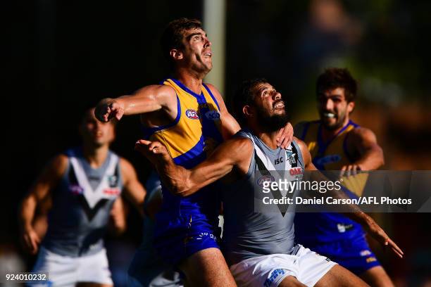 Scott Lycett of the Eagles contests a boundary throw in against Paddy Ryder of the Power during the AFL 2018 JLT Community Series match between the...
