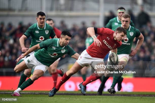 Conor Murray of Ireland and Dan Biggar of Wales during the Six Nations Championship rugby match between Ireland and Wales at Aviva Stadium on...