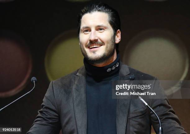 Valentin Chmerkovskiy speaks onstage during the 2018 Make-Up Artists and Hair Stylists Guild Awards held at The Novo by Microsoft on February 24,...