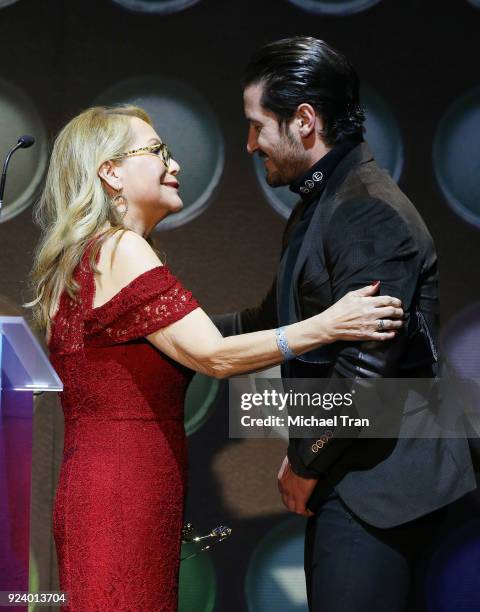 Mary Guerro and Valentin Chmerkovskiy onstage during the 2018 Make-Up Artists and Hair Stylists Guild Awards held at The Novo by Microsoft on...