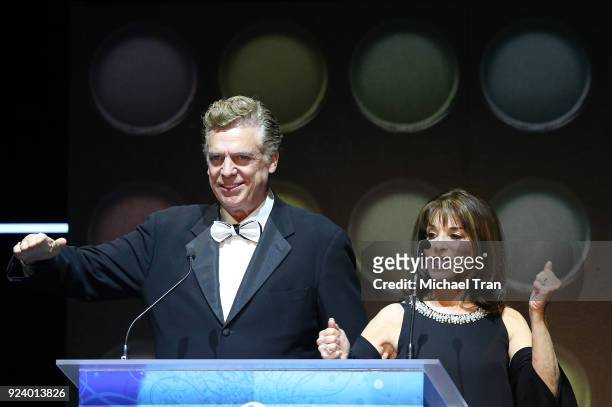 Christopher McDonald and Kate Linder speak onstage during the 2018 Make-Up Artists and Hair Stylists Guild Awards held at The Novo by Microsoft on...