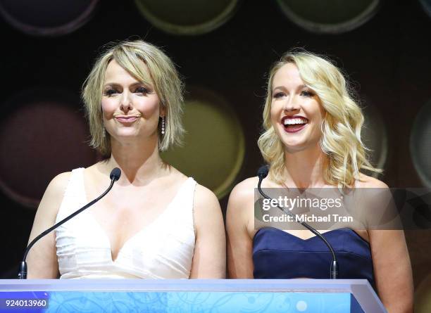 Melora Hardin and Anna Camp speak onstage during the 2018 Make-Up Artists and Hair Stylists Guild Awards held at The Novo by Microsoft on February...