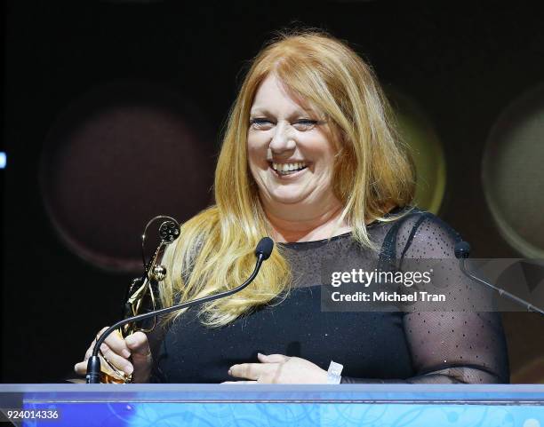 Adruitha Lee accepts an award onstage during the 2018 Make-Up Artists and Hair Stylists Guild Awards held at The Novo by Microsoft on February 24,...