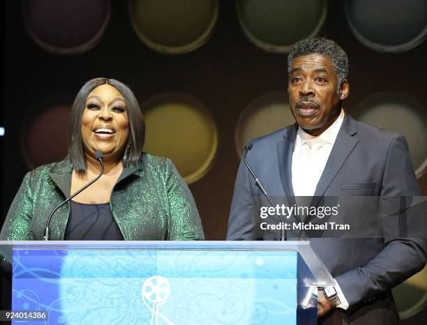 Loni Love and Ernie Hudson speak onstage during the 2018 Make-Up Artists and Hair Stylists Guild Awards held at The Novo by Microsoft on February 24,...