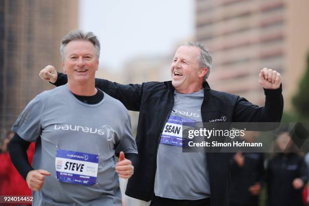 Laureus Academy Chairman Sean Fitzpatrick crosses the finish line during the Laureus Sport for Good Run prior to the 2018 Laureus World Sports Awards...