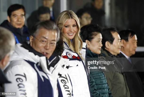 Ivanka Trump daughter of U.S. President Donald Trump, stands at the beginning of the closing ceremony of the 2018 Winter Olympics on day sixteen of...